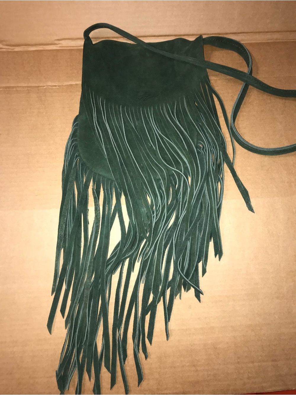 Fina Catrina Fringe Crossbody Bag in Dark Green Suede